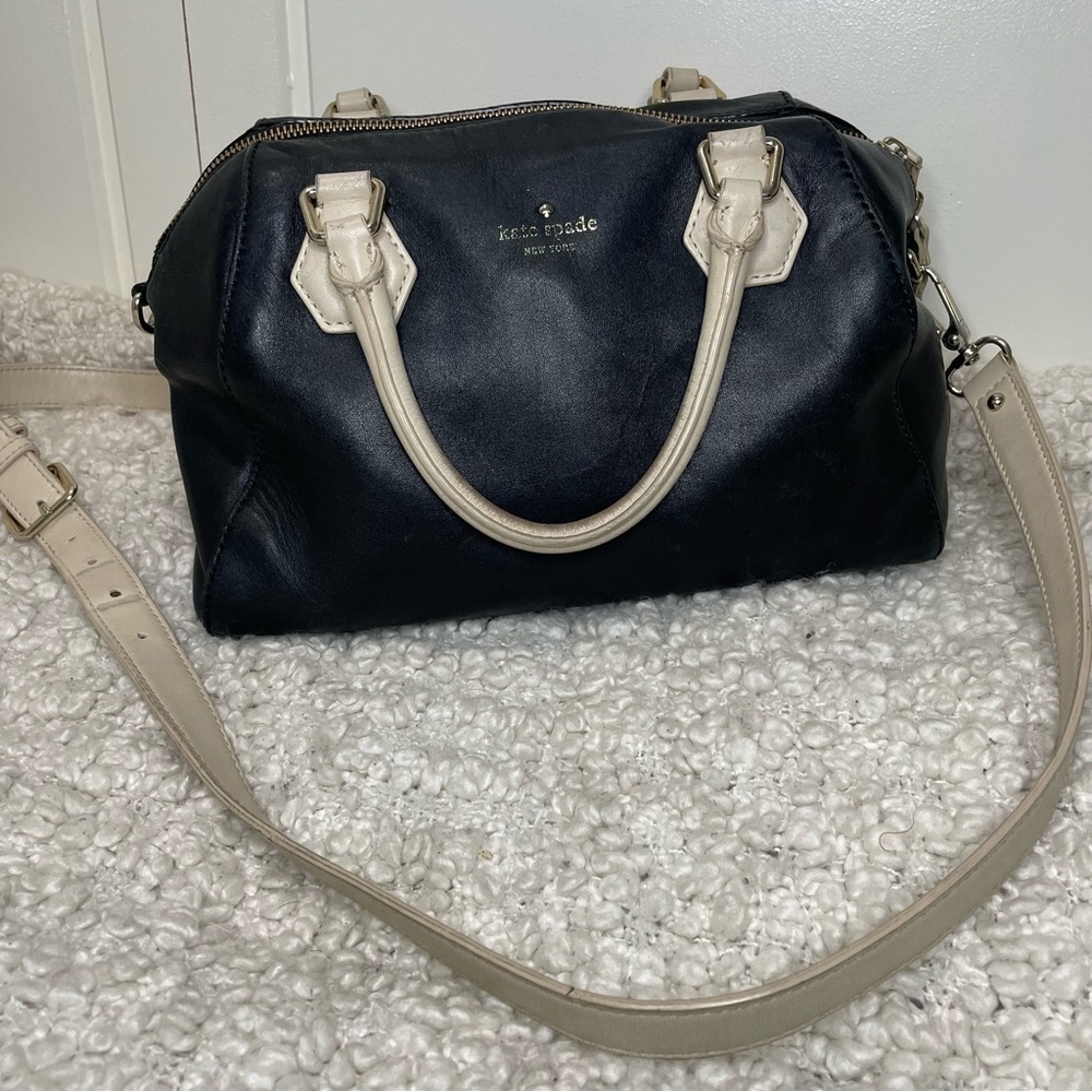 Kate Spade Black & Beige Leather Catherine Street Convertible Tote Purse Bag